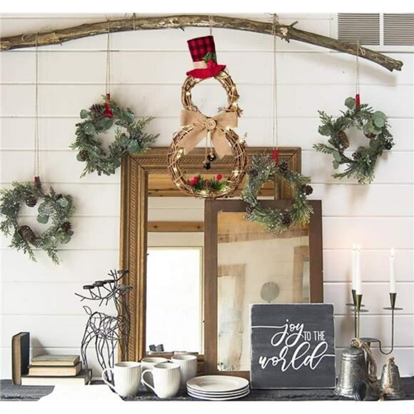 16 x 8 Inch Lighted Christmas Wreath Decoration, Grapevine Wreath with Hat & Bow - Picture 6 of 7